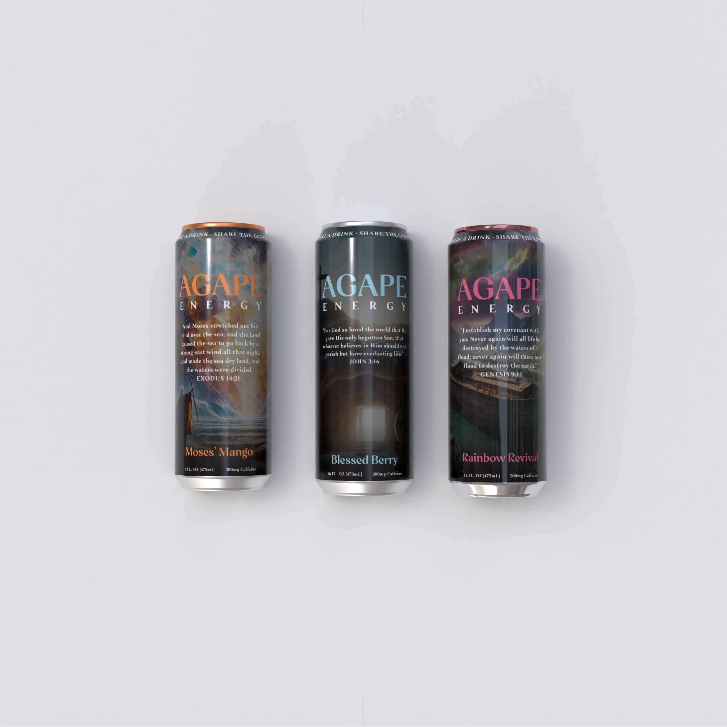 Three cans of Agape Energy drink on a light gray background